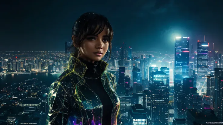 at the top of a skyscraper, a chuva cai incessantemente, creating a glowing veil over the cyberpunk city. The view is dominated by imposing skyscrapers, whose lights sparkle and reflect in the puddles of water. A JOI is standing on the edge of the building...