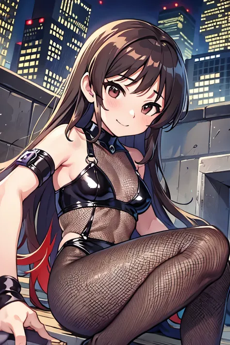 Primary school students、child、Long Hair、Small breasts、Small breasts、child体型、Nipples、Embarrassed、Red face、smile、Sweat on the cheeks、((spy、Bodysuits、Fishnet tights))、City of night、Rooftop、Battle pose、8 year old 、Realistic body