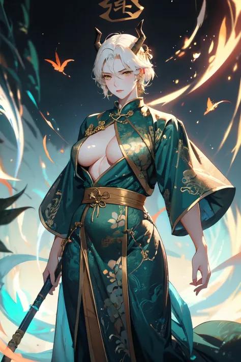 A Tall  woman with short white hair, golden eyes, wearing a green Chinese dress, he has dragon horns.,toji fushiguro,green Chinese dress, muscular,Tall, super very big bosom 