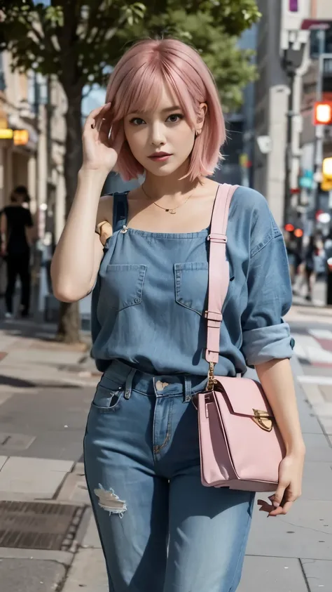 Pink Hair:1.3, Denim pants:1.2, Medium Bob