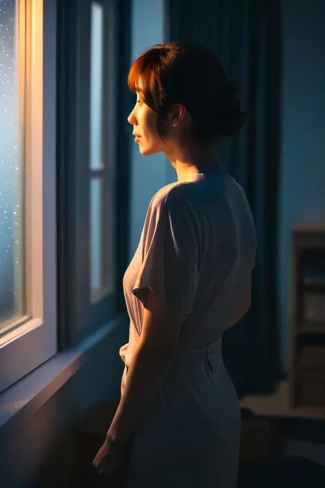 ((Leaning against the window)) Pensive mature woman(Back view))、Looking out the window at the night sky、4K