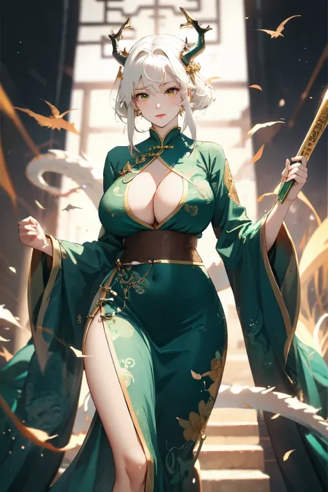 A Tall  woman with short white hair, golden eyes, wearing a green Chinese dress, he has dragon horns.,toji fushiguro,green Chinese dress,Tall, super very big bosom, super ultimate very big bosom 