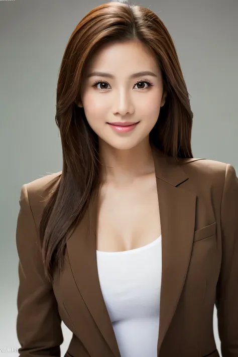 Portraiture, 8k, high quality, Realistic Photographic Images, 28 years old, Filipino Women, clear,sexy, Natural and realistic eyes, Philippine Stand, small, Beautiful brown hair, Beautiful lighting, Golden ratio composition, smile, business suit, White shi...