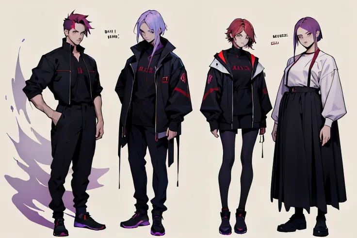 Dibuja una portada con un chico y una chica, (that the boy is taller physically strong with red hair) y (the medium tall girl with black clothing tinted violet hair and who has a cold look). Que ambos posen juntos