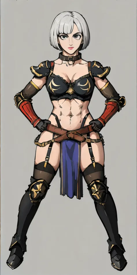 ((Plain background 1:2)) (Cammy White Street Fighter white silver short bob haircut) Female full body standing straight symmetrical looking to the viewer RED full body armored (handcuffs, shackles, rerebrace, faulds, poleyn, gauntlets, leather collar choke...