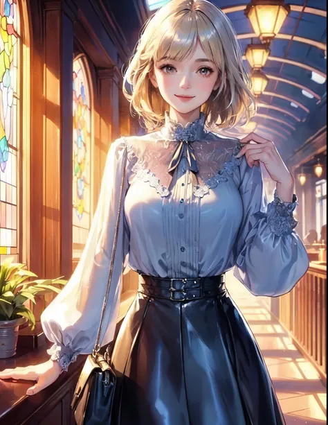 1lady solo, walking slowly, (blue silver blouse) (leather skirt), mature female, /(beige hair/) bangs, blush light smile, (masterpiece best quality:1.2) delicate illustration ultra-detailed, large breasts BREAK (holding pouch) BREAK (corridor of high-end r...