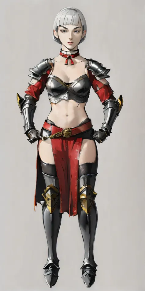 ((Plain background 1:2)) (Cammy White Street Fighter white silver short bob haircut) Female full body standing straight symmetrical looking to the viewer RED full body armored (handcuffs, shackles, rerebrace, faulds, poleyn, gauntlets, leather collar choke...
