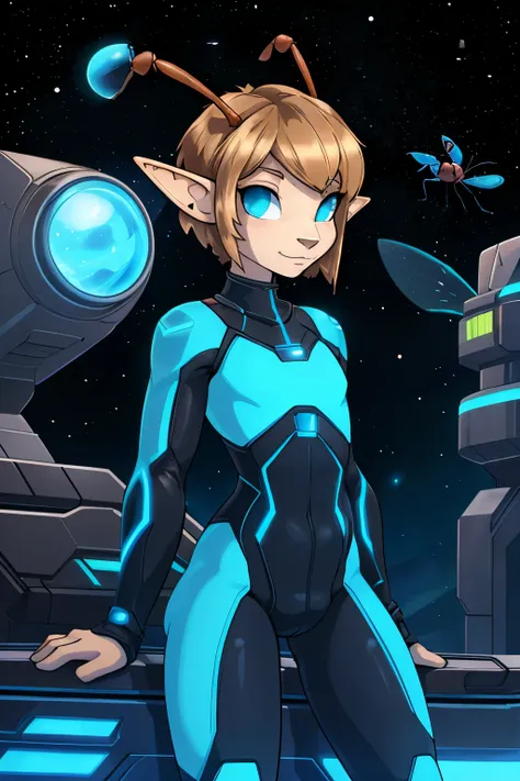 (cute elf tomboy), tomboy, pretty face, space station background, thin body, slim, fit, tron bodysuit, very short hair, dark blo...