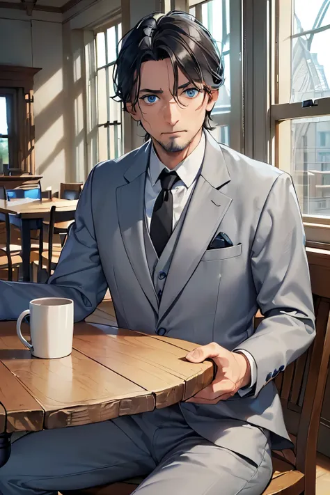 ((best quality)), ((masterpiece)), (detailed), ((perfect face)), (((40yo man))), (((blue eyes))), (((sitting at wood table))), (mug), (((grey suit))), (((black hair))), (((dining room))), (((window in background))), (((looking at viewer))), (((scared:1.3))...