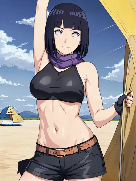 (hinata(boruto), (high quality, anime, heroine, gorgeous smile, strong wind, slim torso, standing and stretching, revealing as much as possible of her body), ((black sport bikini top)), ((fingerless gloves, black shorts with belt, black scarf)), (looking a...