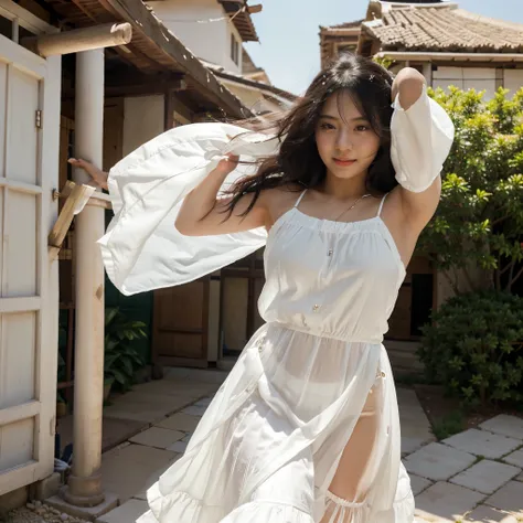 a radiant village beauty, dancing joyfully in a sheer, flowing white sundress, her black hair cascading around her in a warm summer breeze, masterpiece, asian girl, detail eyes,