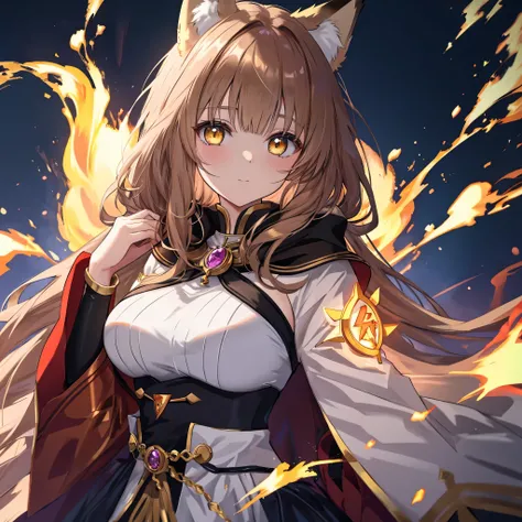 Tags: **1girl**, **animal ear fluff**, **animal ears**, **bangs**, **breasts**, **brown hair**, **burning**, **cloak**, **closed mouth**, **electricity**, **embers**, **eyebrows visible through hair**, **fire**, **flame**, **floating hair**, **fox ears**, ...