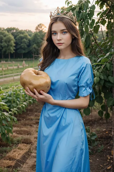 Beautiful Russian girl, beautiful blue eyes, wearing elegant dress with princess crown, holding a freshly harvested potato, garden background