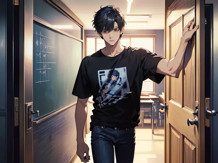 Anime style,4K,animation rendering,Anime style,8k,(Movie Lighting:1.2),(Masterpiece:1.4),(Ultra-high detail:1.3),(Best quality:1.3),(Outside the classroom door，A young male，Black short hair，Wear a black T-shirt，Blue Jeans，student，Leave the classroom:1.4)，B...