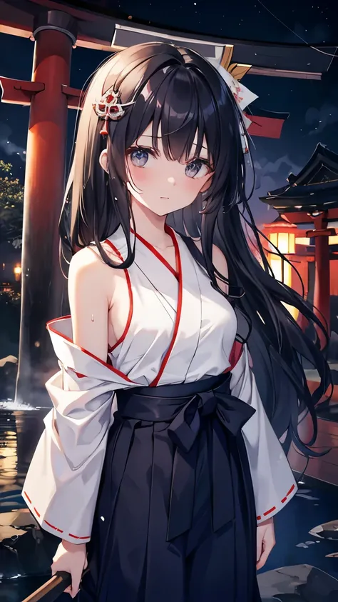 ,girl,Best image quality,,Black Hair,,Grey Eyes,,White skin,Long Hair,Straight Hair,shrine,Moonlit Night,Wet with sweat,torii,Navy blue hakama,Miko costume,Shoulder