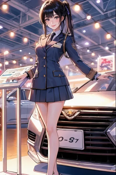 1lady solo standing, event staff (simple and chic costume), mature female, /(black hair/) bangs, blush kind smile, (masterpiece best quality:1.2) delicate illustration ultra-detailed, large breasts BREAK (standing next to the latest model car), (holding pa...