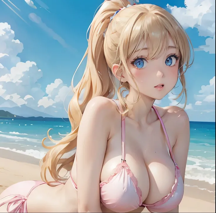 (masterpiece:1.2), (highest quality:1.2),, Curvy but slender body, Perfect Eyes, Perfect Face, Perfect lighting, 2 girls, At the Beach, （Run），（Pink Bikini），（Frilled bikini），（whole bodyショット），（ponytail），（smile），Curly Hair, Quality clothing, Detailed outdoor ...