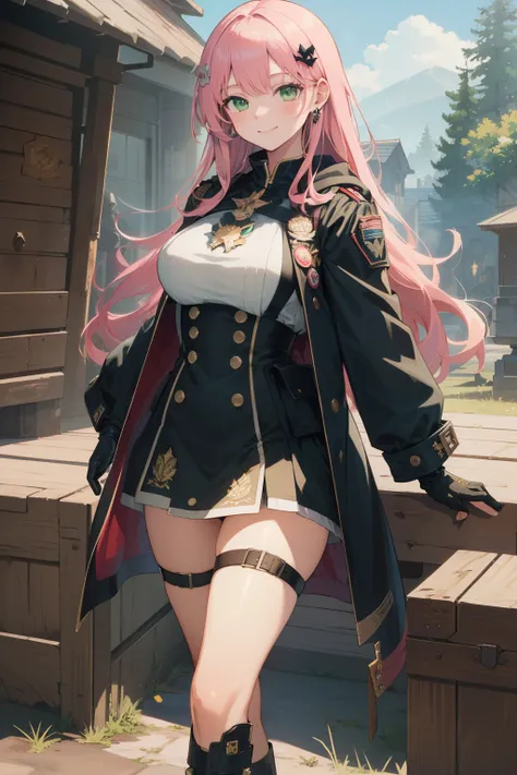 (best quality:1.3), (masterpiece:1.3), (illustration:1.3), (ultra-detailed:1.3), ((Best quality)), 1girl, pink hair, large breasts, solo, holster, thigh strap, black coat, smile, military, hair ornament, black jacket, gloves, badge, long hair, green eyes, ...