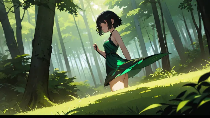 a pretty girl with short black hair is the wood-nymph, background is a green magic forest with a lot of Mysterious animals