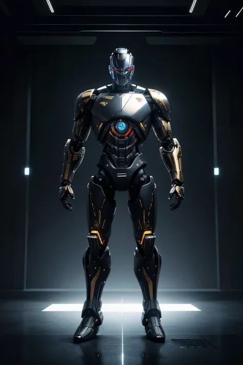 The image features a robot with gold and silver parts, standing on a black surface. It appears to be a futuristic creation, possibly inspired by the Terminator. The robot has a prominent head and torso, as well as arms that extend outwards. Its design is i...