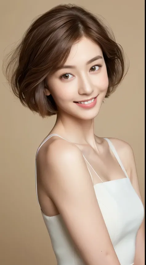 ((highest quality, 8k, masterpiece: 1.3)), 1 girl, The beauty of slim abs: 1.3, (Hairstyle Brown Hair Short Cut, big: 1.2), dress: 1.1, Super slender face, Delicate eyes, double eyelid, smile, Home, RAW Photos