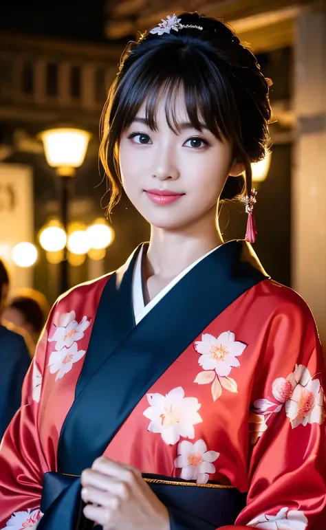 ((The streets of Kyoto as night falls during the Edo period,A young geisha walks through the town lit by lanterns on an unpaved road after the rain, smiling and with beautiful mannerisms.)),(((The collar of the formal Japanese kimono, made of a lustrous da...