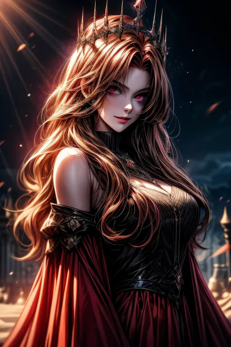 Blood-eyed Princess of Darkness, Redhead, Crown, Wicked Smile, Anime Style, Lens flare, Attention to detail, First Person View, Cinema Lighting, masterpiece, Super Detail, highest quality, 8k, Ultra-high resolution