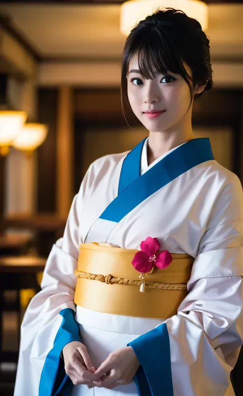 ((The streets of Kyoto as night falls during the Edo period,A young geisha walks through the town lit by lanterns on an unpaved road after the rain, smiling and with beautiful mannerisms.)),(((The collar of the formal Japanese kimono, made of a lustrous da...