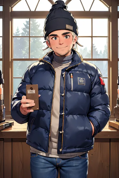 ((best quality)), ((masterpiece)), (detailed), ((perfect face)), (((tall middle aged man))), (((clean shaven))). (((wearing beanie, puffer jacket, jeans))), (((standing))), (((window))), (((looking at viewer))), (((((happy))))), (((big, wide eyes)))