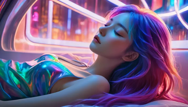 {{masterpiece}}, best quality, Extremely detailed CG unified 8k wallpaper, Movie Lighting,Futurism， A woman sleeping in bed，Long legs，Sleep with eyes closed，Huge window behind， A quiet night. , Multi-colored hair, (Colorful hair:1.5),