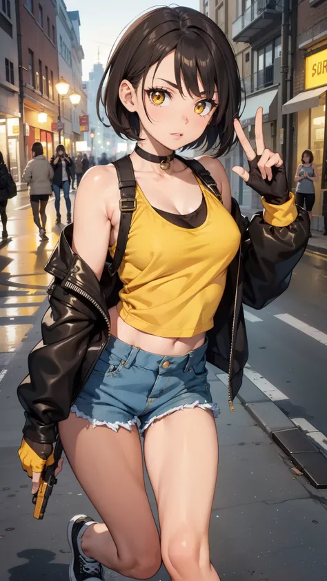 street dancer,  short hair, brown hair, yellow glowing eyes, perfect lips,  cute expression, cute face, cute pose, fingerless gloves, gun, tank top, jacket, cute pose, ultra detailed face, long eyelashes, sharp eyes , Fullbody shot, dinamic viewer, 