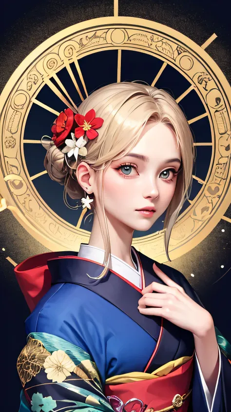 ((highest quality)),(detailed), Perfect Face,Kimono beauty,magic circle,Halo