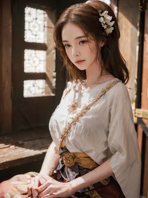 Close-up of woman with flowers in her hair, beautiful south korean women,หญิงKorean girlที่งดงาม, Korean girl, ใบหน้าKorean girlที่น่ารัก, Thai dress, Riverside, ((Hair pins)), ยืนalone, Flower behind the ear, including ponytail, ((alone)), Lightly sexy, ...