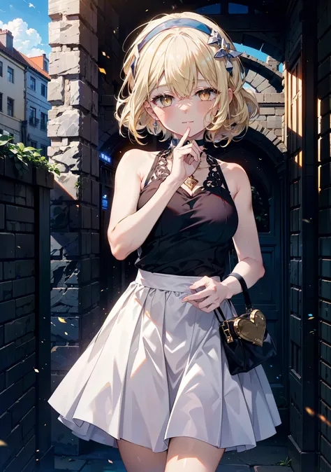 アイスWallenstein, Wallenstein, blonde, Hair between the eyes, hair band, Long Hair, (Yellow Eyes:1.5),happy smile, smile, Close your mouth,smile,blush,White sleeveless dress,Bare arms,Bare neck,Heart Pendant,Long skirt,Cute Sandals,Clear skies,歩いてるbreak look...