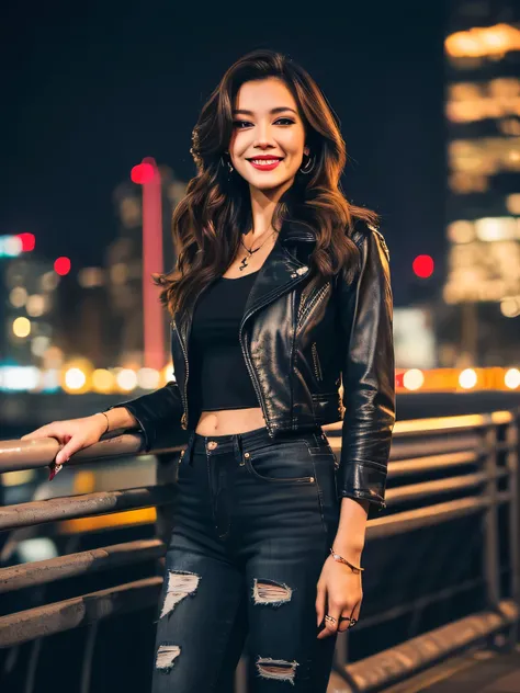 (best quality,4k,ultra-detailed,realistic:1.37),portrait,street lighting,street fashion,beautiful smile,confident,legs for days,long wavy hair,wearing a black leather jacket and ripped jeans,dark red lipstick,bold eye makeup,high heels,cityscape background...