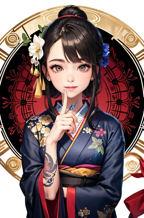 ((highest quality)),(detailed), Perfect Face,Kimono beauty,Magic circle tattoo,Halo