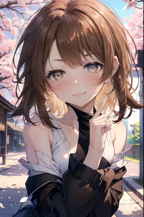 irohaisshiki, Iroha Isshiki, Long Hair, Brown Hair, (Brown eyes:1.5), happy smile, smile, Open your mouth,Put your hand over your mouth and make a peace sign,To the camera,Off-the-shoulder sweater,Exposing shoulders,bare clavicle,Bare neck,Black long skirt...