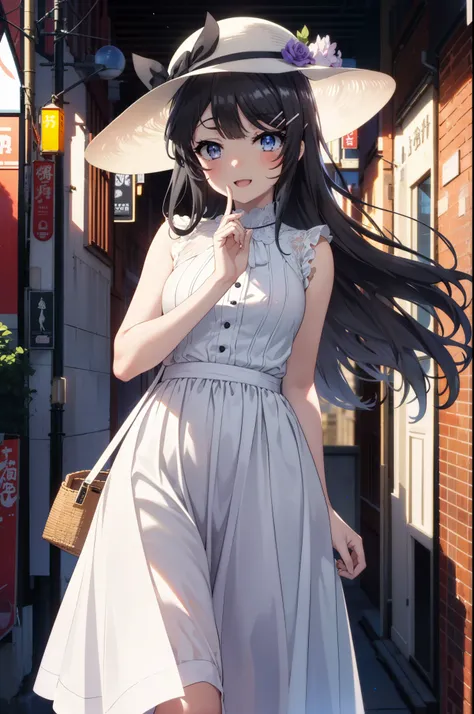 maisakurajima, Mai Sakurajima, Long Hair, bangs, (Black Hair:1.5), hair ornaments, (Purple eyes:1.1), Hair Clip, rabbit hair ornaments,time　Daytime,sunny,Light of the sun,
happy smile, smile, Open your mouth,blush,White hat,Sleeveless dress,Long skirt,Cute...