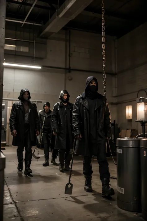 a group of men wearing long leather black coats, and black ski mask only revealing their mouths, holding axes and metal chains, in a dimly lit, industrial space, metal walls, chains, dystopian vibe, chains hanging from ceiling
