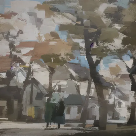 painting of a row of houses in a park There are trees, Trees in the background, Inspired by George Hendrik Breitner, Inspired by Gerard Soest, There are trees, Inspired by Wu Guanzhong, Inspired by Basil Blackshaw, inspired by Stanley Spencer, Inspired by ...