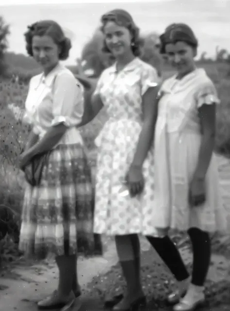 three women in dresses standing next to each other on a dirt road, grainy image, very grainy image, 1940s photo, historical picture, historical image, 1950s photograph, grainy, unknown location, grainy vintage, photo 1960, historical photo, very grainy, 19...