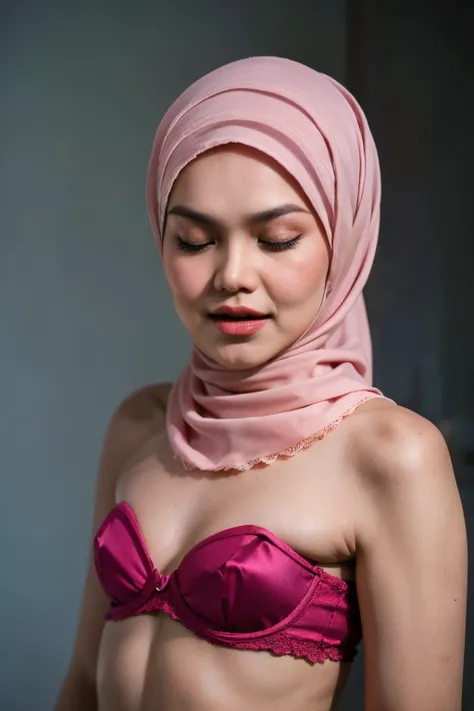 ((Flat Chest:1.6)), Wear sunglasses and act like Rosyam, ((Closed Eyes)), ((Strapless Colourful bra Flat Chest)), Naked, Angry pose, Angry face, (((HIJAB MALAY GIRL))), masutepiece, High quality, UHD 45K, Realistic face, Realistic skin feeling , A Japanese...