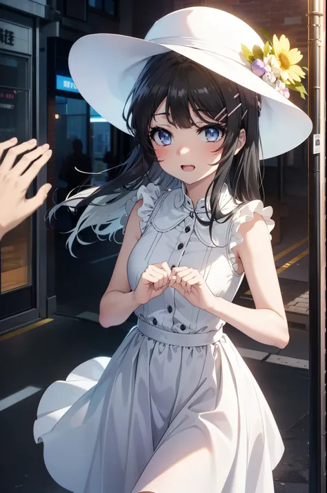 maisakurajima, Mai Sakurajima, Long Hair, bangs, (Black Hair:1.5), hair ornaments, (Purple eyes:1.1), Hair Clip, rabbit hair ornaments,time　Daytime,sunny,Light of the sun,
happy smile, smile, Open your mouth,blush,White hat,Sleeveless dress,Long skirt,Cute...