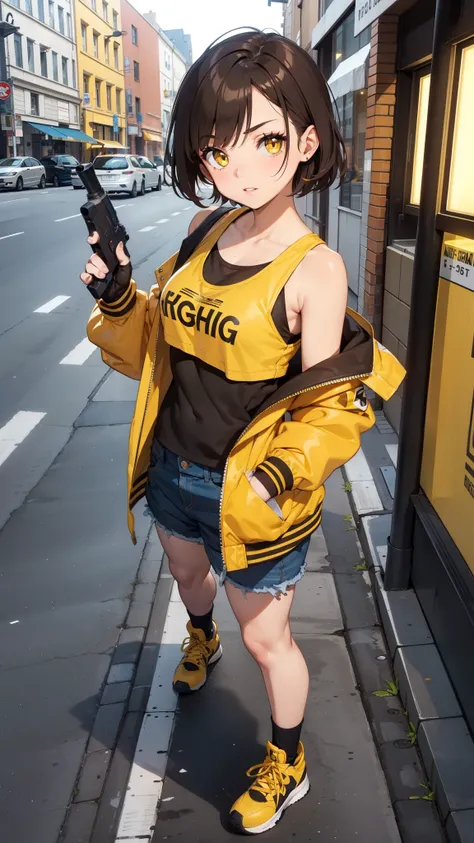 street dancer,  short hair, brown hair, yellow glowing eyes, perfect lips,  cute expression, cute face, cute pose, fingerless gloves, gun, tank top, jacket, cute pose, ultra detailed face, long eyelashes, sharp eyes , Fullbody shot, dinamic viewer, 