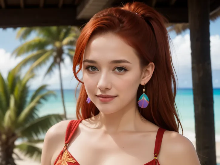  18 year old beautiful redhead young woman , Mischung aus rothaariger Christa Theret und rothaariger Alexia Fast, pretty colorful Polynesian feather earrings, ponytail ,Hochdetailliertes Gesicht, ((red hair)), breathtaking beauty, detailliert eyes, dark re...