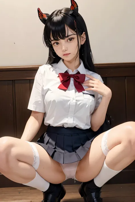 (masterpiece, best quality:1.2),illustration,8k,hd,1girl,solo,upper body,(portrait:1.2),horns,large breasts,very long hair,black hair,skirt,bow,pleated skirt,white shirt,red bowtie,short sleeves,collared shirt,parted bangs,white thighhighs,(summer sailor u...