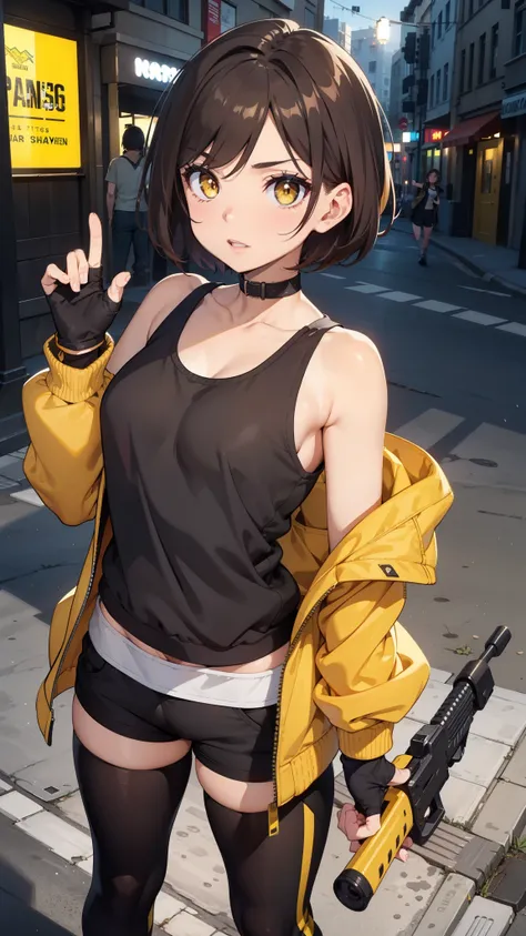 street dancer,  short hair, brown hair, yellow glowing eyes, perfect lips,  cute expression, cute face, cute pose, fingerless gloves, gun, tank top, jacket, cute pose, ultra detailed face, long eyelashes, sharp eyes , Fullbody shot, dinamic viewer, 