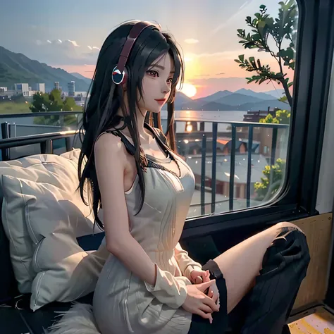 anime girl sitting on a train with headphones on, anime style 4 k, beautiful anime girl, attractive anime girl, Watching the sunset. anime, anime style. 8k, beautiful anime, LOFI Girl, anime girl, pretty anime girl, 4k anime wallpaper, beautiful anime woma...