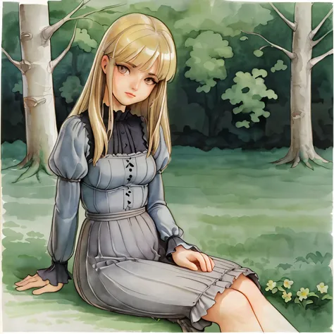 english watercolor, retro effect warm gray, ink, sketch blonde girl sitting in a field on a fallen birch beam, mary whyte valent...