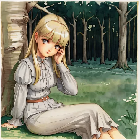 English watercolor, retro effect warm gray, ink, sketch blonde girl sitting in a field on a fallen birch beam, Mary Whyte Valentina Verlato John William Waterhouse, high detail, watercolor